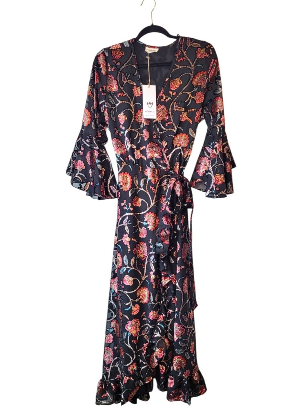 Talisman Carly Velvet Floral Wrap Boho Maxi Dress Size M NWT